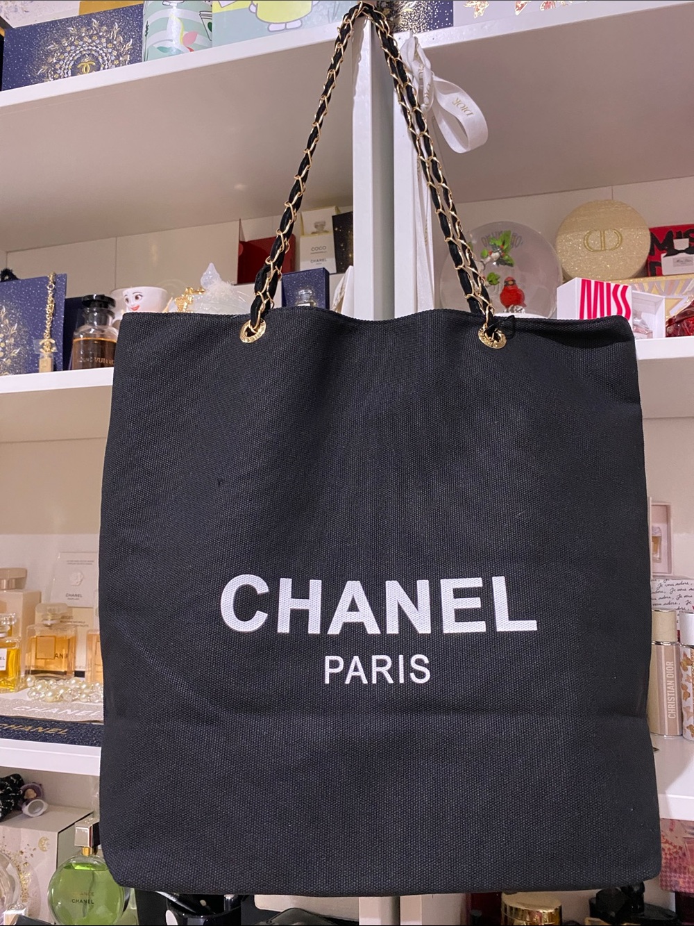 CHANEL Black Canvas Tote with Gold Chain-Strap—VIP GWP